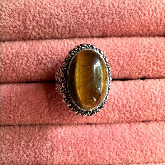 Tigers Eye Sterling Silver Oval Ring With Ornate Band & Beaded Detailing Size 6 - Picture 9 of 16